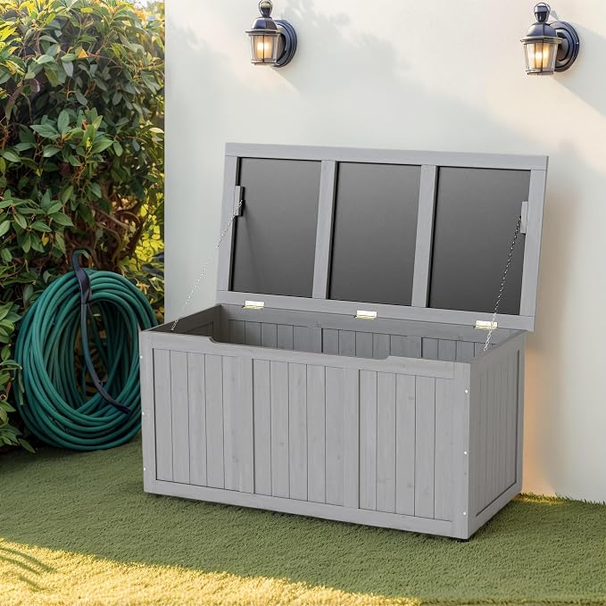 CIATRE 67-Gallon Outdoor Wooden Deck Box – Solid Wood Storage Bench with Seat & Table Top, Weather-Resistant Patio Cushion & Pool Toy Organizer -Grey