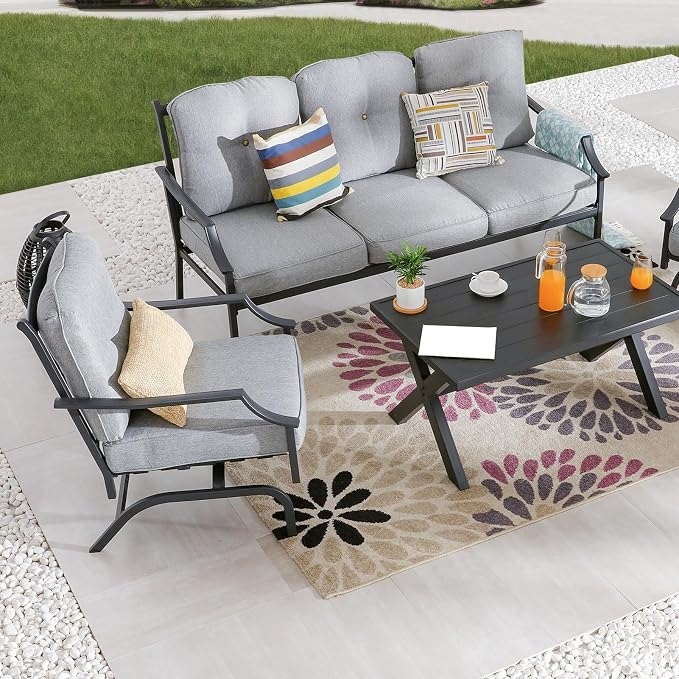 Patio Conversation Set 4 Pieces Metal Outdoor Furniture Sets Outside 3-Seat Sofa with Rocking Chairs Coffee Table (Grey)