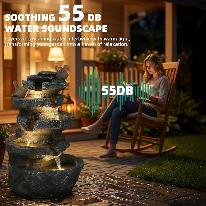 22.3" Tall Outdoor Rock Waterfall Fountain, 5-Tier Cascading Garden Water Feature with Bird Decor & LED Lights, Natural Stone Resin Fountain with Filter Cotton for Patio, Yard, Porch & Indoor