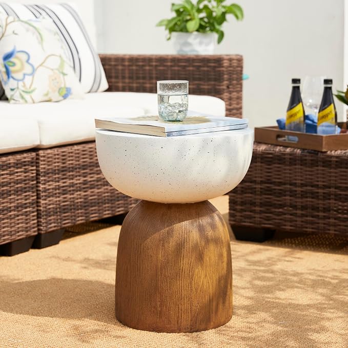 Glitzhome Outdoor Side Table Set of 2, 17.75" H Decorative Garden Stool MGO Geometric Wood Texture End Table, Round Planter Stand for Indoor Outdoor Living Room Bedroom Patio Deck Poolside