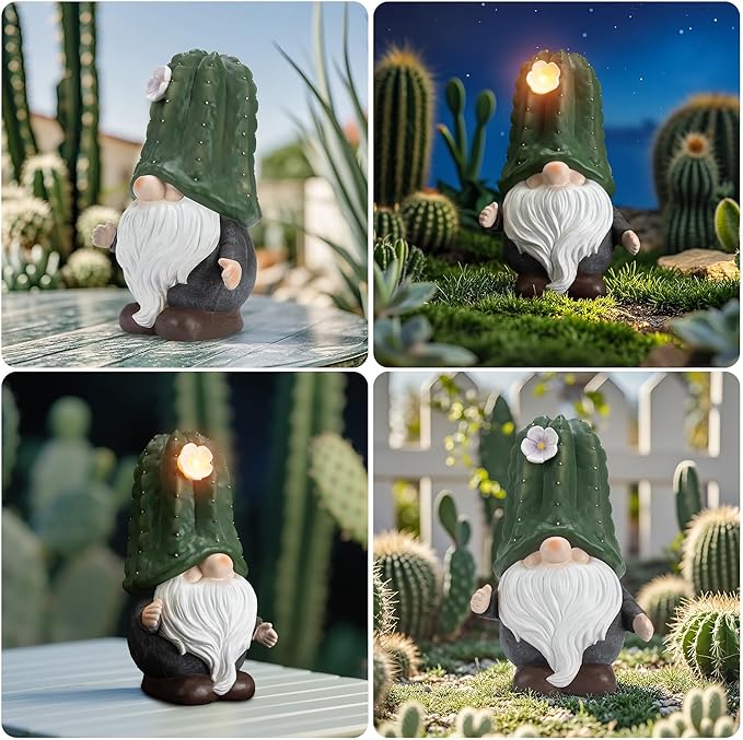 Etlemonde Solar Cactus Gnome Statue Garden Decor Light - Outdoor Decorative LED Flower, Suitable for Patio, Lawnand Garden Decorations, Gifts for Mom
