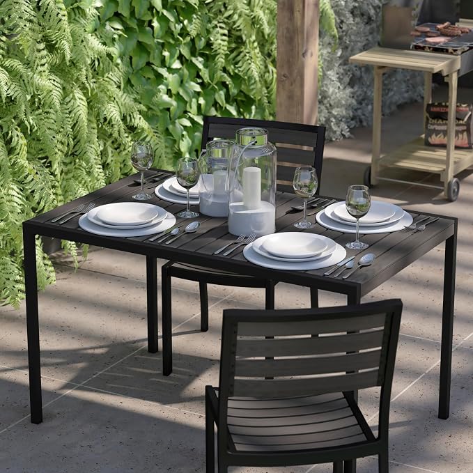 Flash Furniture Lark Commercial Outdoor Steel Dining Table with Umbrella Hole - Gray Wash Faux Teak Poly Slatted Top - Black Frame - 30x48 Table Seats up to 4 Adults