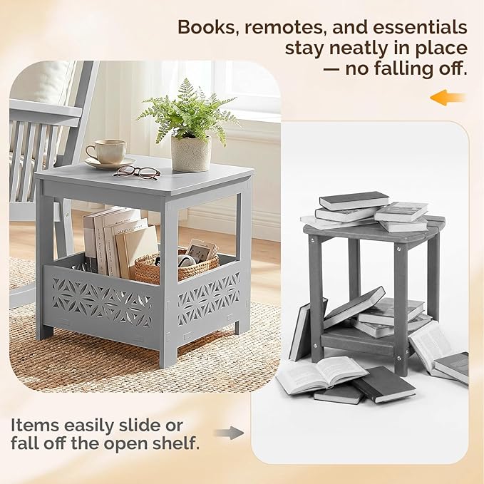 VINGLI Outdoor Side Table with Storage, 15.6" Square Resin Patio End Table, Weatherproof Rustproof Balcony Backyard Poolside Small Table (Gray)