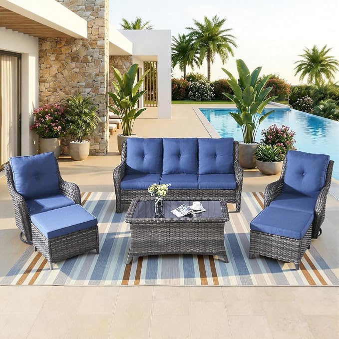 6 Piece High Back Patio Furniture Set - All Weather Patio Conversation Set with 4 Inch Thick Cushions and Deep Seating Swivel Glider Chairs & Outdoor Couch for Porch Deck Yard Pool