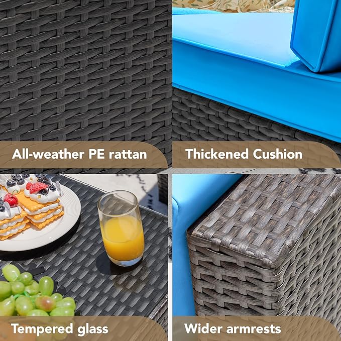 Devoko Patio Furniture Sets 6 Pieces Outdoor Sectional Rattan Sofa Manual Weaving Wicker Patio Conversation Set with Glass Table and Cushion (Blue)