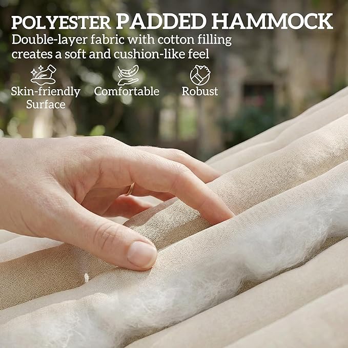 Outsunny Outdoor Hammock, 2-Person Hammock with Head Pillow and Pad, Wood Spreader Bars, 440 lbs Capacity, for Patio Yard Garden, 128" x 55", Cream White