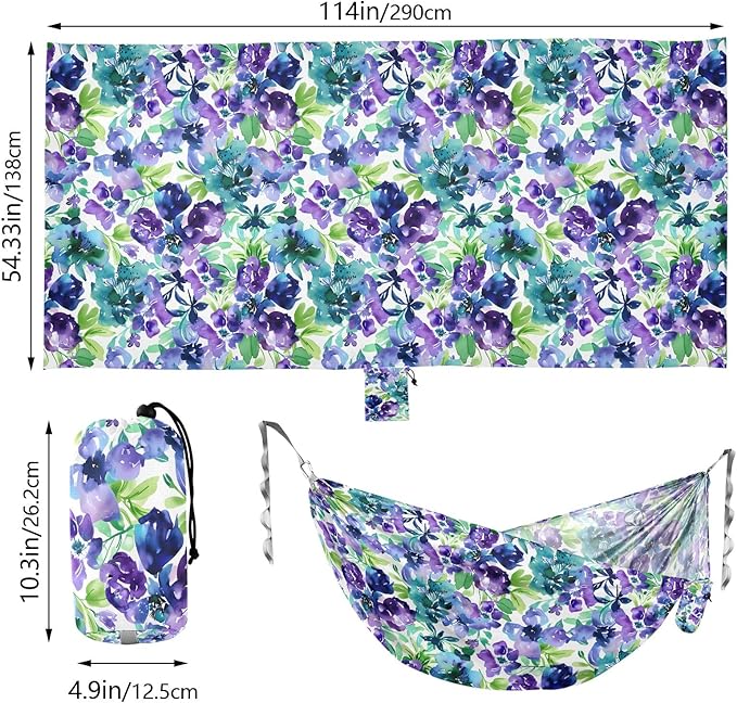 Camping Hammock Outdoor Hammocks for Outside Floral Purple Blue Watercolor Beach Trees Portable Lightweight with Pockets Tree Straps Indoor