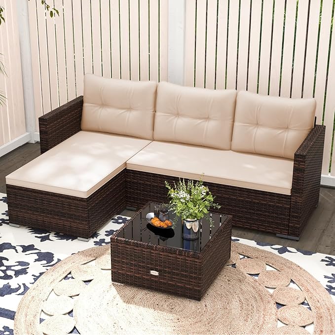 HAPPYGRILL 4-Seats Outdoor Wicker Furniture Set, L-Shaped Sectional Couch Set w/Tempered Glass Coffee Table & Soft Cushions, Patio Seating w/Left or Right Assembly for Yard, Porch