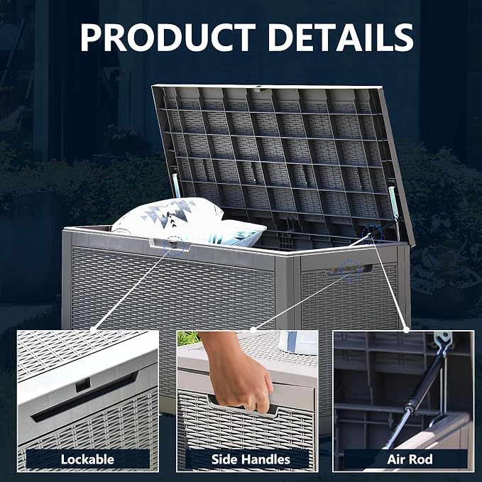 DIKEP 100 Gallon Polypropylene(PP) Deck Box Lockable Outdoor Storage Box for Patio Furniture Cushions, Garden Tools, Pool Supplies | Built-in Handles Waterproof Storage Container, Gray