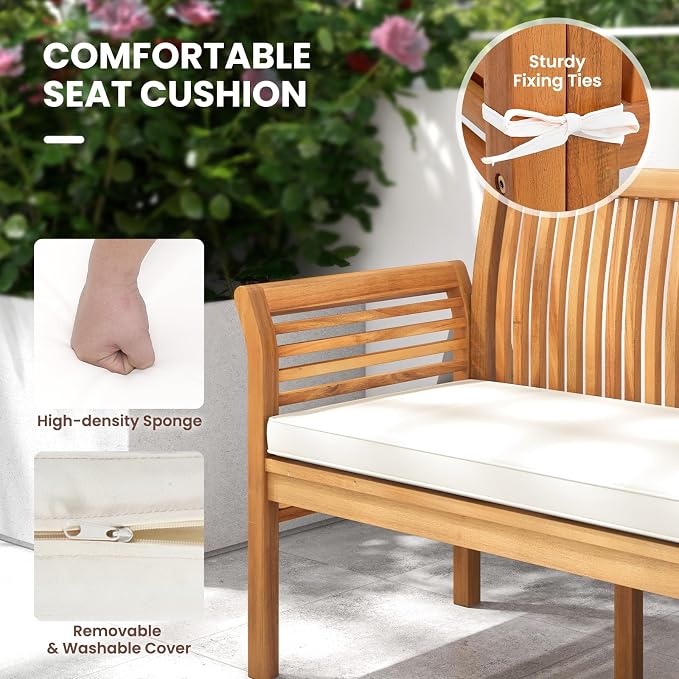 RELAX4LIFE 5-Piece Patio Furniture Set - Acacia Wood Sofa Set w/3-Person Bench, Loveseat, 2 Chairs, Coffee Table & Cushions, Balcony Furniture for Garden Poolside Yard Porch, Outdoor Conversation Set