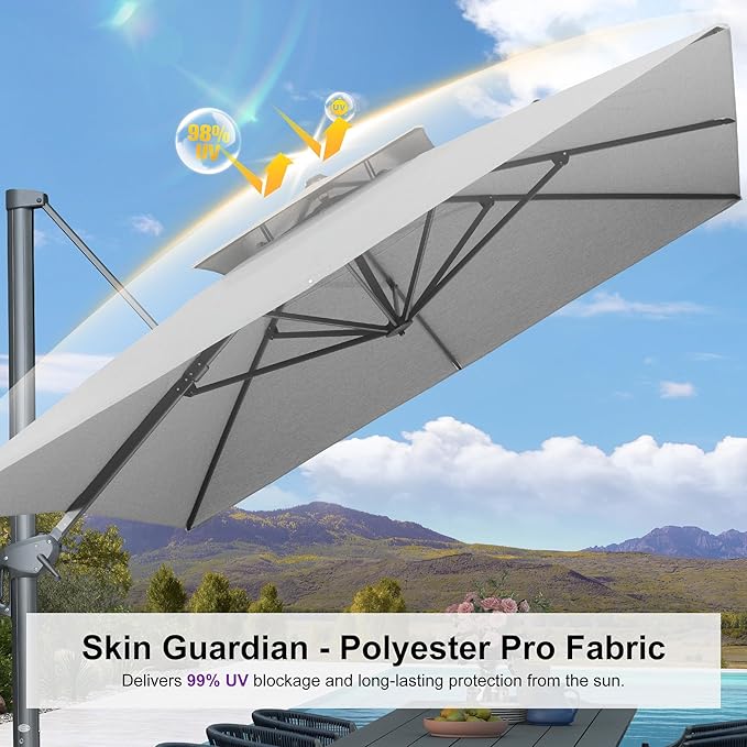 PURPLE LEAF 10' x 13' Cantilever Patio Umbrella Outdoor Umbrella with 330lbs Base Large Rectangular Windproof Offset Umbrella for Pool Deck Garden, Pebble Grey