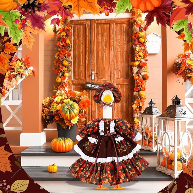 FuWeave Fall Porch Goose Outfit Maple Goose Costume Fancy Porch Geese Clothes with Wide Hat for 23" 17" Outdoor Patio