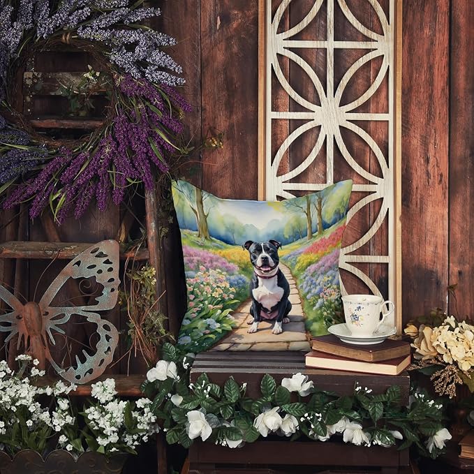 Caroline's Treasures Staffordshire Bull Terrier Spring Path Throw Pillow Machine Washable, Indoor Outdoor Decorative Pillow for Couch, Bed or Patio, 18Hx18W