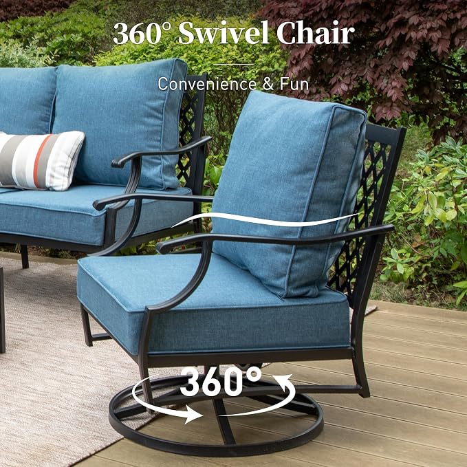 SUNSHINE VALLEY 5 Piece Metal Outdoor Patio Furniture Set with Fire Pit Table, Patio Conversation Sets 4 Swivel Chairs with 5.75" Thick Cushion and 5000 BTU Fire Pit Table, Backyard Furniture, Navy