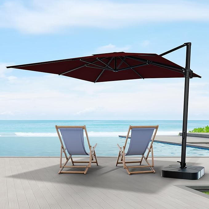 Midtown Umbrellas 9 x 9 Ft Outdoor Cantilever Patio Umbrella w/Sunbrella Burgundy Fabric - 360° Rotate Offset Patio Umbrella, Deck Patio Umbrella, Backyard Umbrella & Garden Umbrella - Black Frame