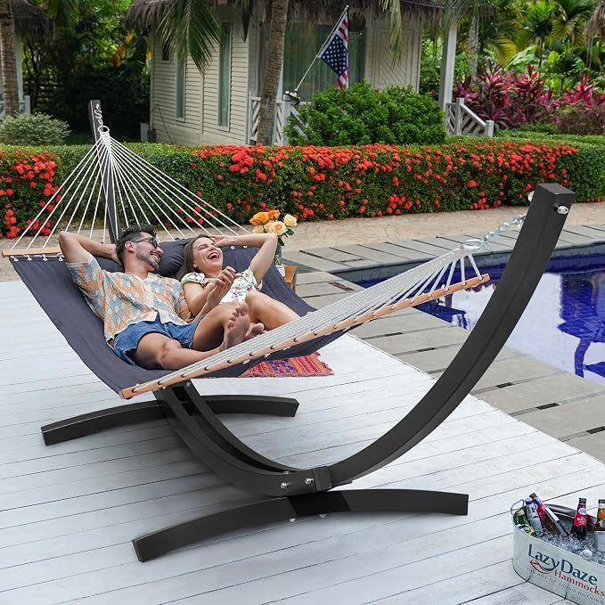 Lazy Daze Hammocks 12 FT 2 Person Double Quilted Hammock with Black Curved Steel Heavy Duty Stand and Pillow for Outside, Backyard, Patio, 450 Lbs Capacity, Dark Grey