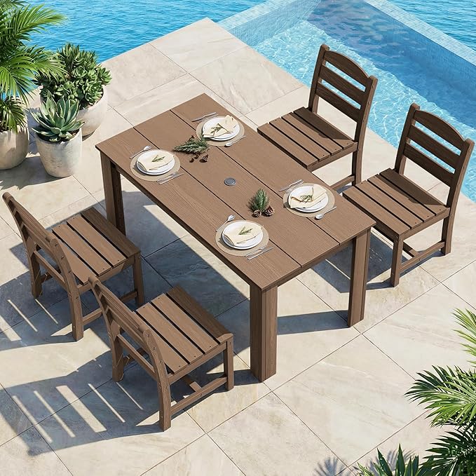 SERWALL Outdoor Dining Sets for 4, HDPE Dining Sets for 4 Person with 1 Umbrella Hole Cut-Out Rectangular Table and 4 Armless Chairs, Patio Dining Sets for Garden, Backyard, Poolside, Brown