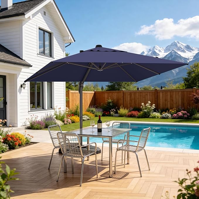 10' X 10' Patio Umbrella Cantilever Outdoor Rectangle Umbrella, Heavy Duty 360°Rotation Offset Umbrella for Garden Deck Pool Patio, Navy Blue