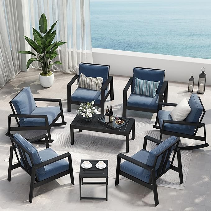 Solaste Aluminum Outdoor Furniture Set, 8-Piece Water-Resistant Patio Conversation Furniture Set, Metal Patio Sofa Set with Coffee Table for Backyard Poolside Garden, Blue