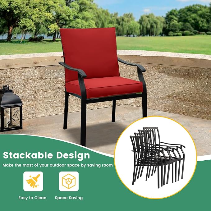 LVUYOYO 7-Piece Outdoor Patio Dining Set, Metal Stackable Chair & Rectangular Table Set, All-Weather Furniture for Backyard, Garden,Balcony,Porch (Red)