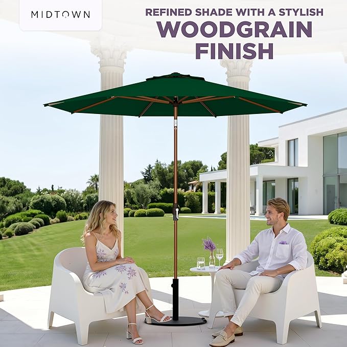 Midtown Umbrellas Wooden 2-8 Ft Patio Umbrella with 360° Swivel & Tilt Mechanism, 8 Fiberglass Ribs & Sunbrella Fabric - Outdoor Umbrella for Deck, Pool & Garden - Burgundy Canopy, Wooden Pole
