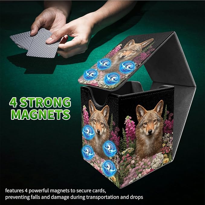 Flower Wolf Card Deck Box for MTG, Personalized Card Storage Case Fits 120+ Sleeved Cards, Premium Leather TCG Box with Strong Magnetic Closure for Magic, CCG, PTCG, Baseball Cards