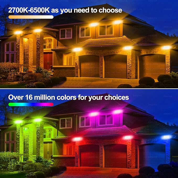 Smart Outdoor Color-Changing Flood Lights, RGBCW 360W Linkable LED Wall Washer with App & RF Control, 2700K-6500K Tunable White Dimmable, IP65 RGB Floodlight for House, Yard, Holiday Party