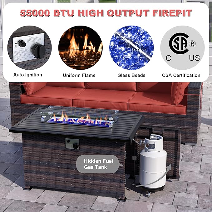 Patio Furniture Sectional Sofa 10PCS PE Rattan Patio Conversation Set w/43in Gas Fire Pit Table, Patio Outdoor Furniture with 4 Inch Thickened Cushions and Glass Coffee Tables, Red