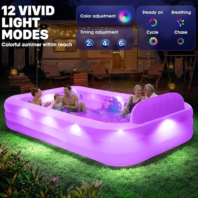Extra Large Inflatable Pool with Lights,Upgraded Solar Powered Blow Up Pool for Adults,Inflatable Kids Swimming Pool with Seat& Backrest,Big Inflatable Kids Pool for Backyard,120x73x20IN