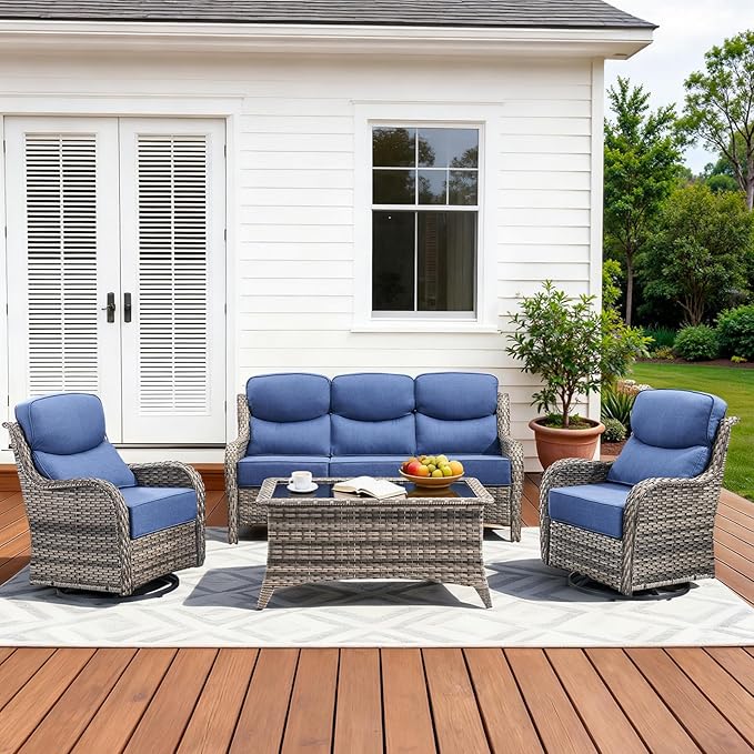 Luxury High Back Patio Furniture Set with 6-Inch Thick Cushions, 4-Pieces Outdoor Furniture with Swivel Chairs, Wicker Conversation Set for Porch, Balcony, Deck and Yard, Grey/Blue