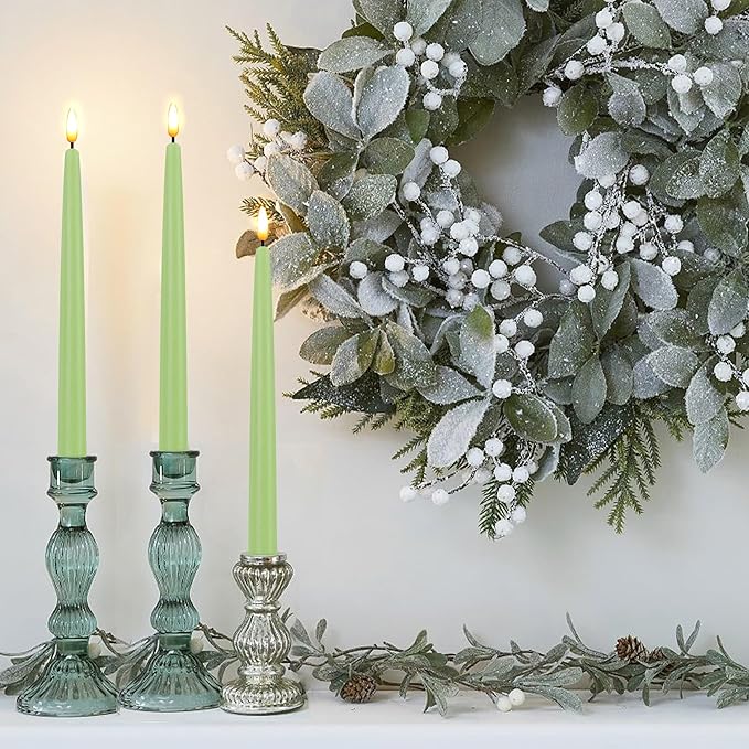 CVHOMEDECO. Flameless Taper Candles with 10-Key Remote, Battery Operated Led Flickering 3D Wick Window Candles Real Wax Finished Home Christmas Party Decor 0.78 x 11 Inch, Pack of 3, Light Green