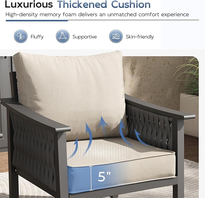 UDPATIO Aluminum Patio Furniture Set with Coffee Table, 4 Piece Modern Aluminum Outdoor Furniture Set, PE Rope Patio Conversation Sets with Thickend Cushions, for Porch, Backyard, Balcony, Beige