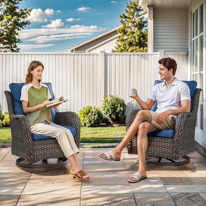 Outdoor Swivel Rocker Patio Chairs Set of 4 with Side Table - 5" Thick Cushion 6 Piece Furniture Set All Weather Comfortable Wicker Conversation Set for Porch Poolside and Deck - Brown/Blue