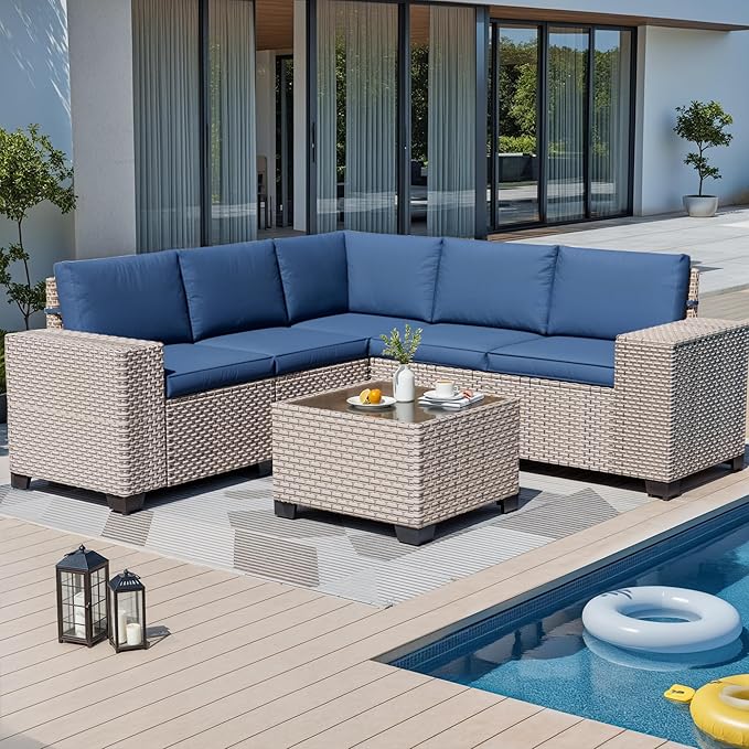 6-Piece Outdoor Patio Furniture Set, Modular Sectional Sofa Set with Glass Coffee Table and Cushions, Wicker Outdoor Couch Conversation Sets, Blue