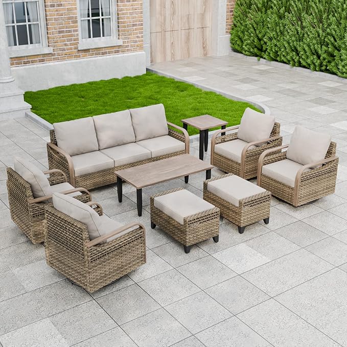 Modern Wicker Patio Furniture Set, Rattan Outdoor Conversation Set, 4 Swivel Rocking Chairs, 3 Seat Couch, 2 Ottomans, Coffee Table and Side Table, 9 Pieces, Brown/Gray