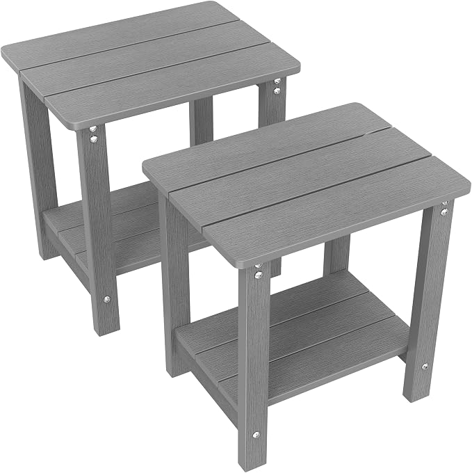 MXIMU Outdoor Side Table Set of 2: Heavy-Duty Sturdy Warp Resistant Adirondack Table - Wood Grain Finish Outdoor End Tables - Easy Assembly & Low Maintenance Patio Side Table Grey