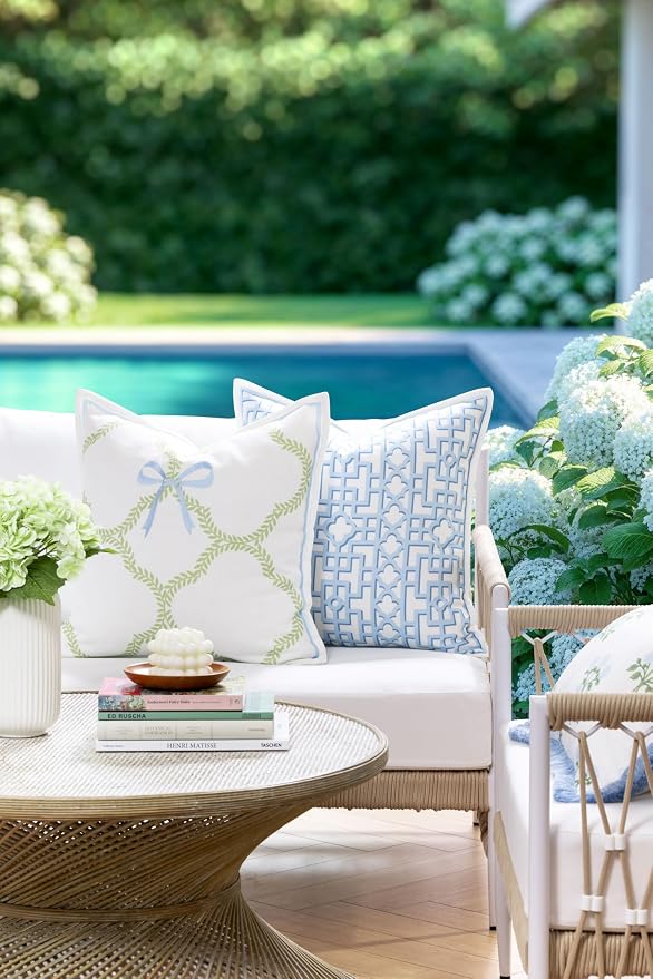 Hofdeco Premium Coastal Grandmillennial Patio Indoor Outdoor Throw Pillow Cover Only, 20"x20" Water Repellent for Backyard, Couch, Poolside, Grass Green Embroidered Ribbon Bow Tie on Leaves