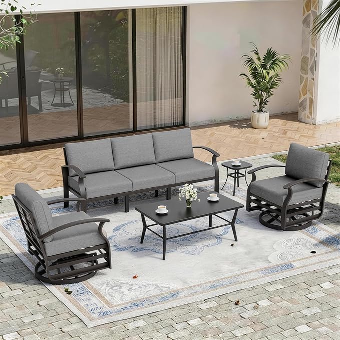 Kurapika Aluminum Patio Furniture Set 5-Seat Modern Outdoor Conversation Sets w/Swivel Rocking Chairs with Rectangular Coffee Table, Grey