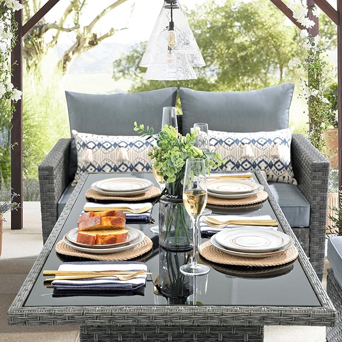 SUNSITT Outdoor Patio Furniture Set 4 Piece Wicker Conversation Set with Lift Coffee Table Sectional Dining Set 3 Seat Sofa Couch with Club Chair, Grey Wicker & Grey Cushion
