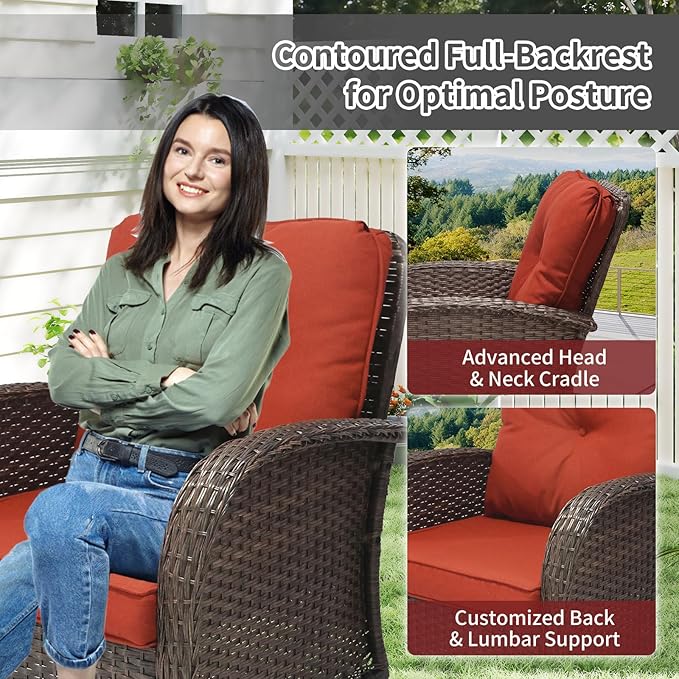 SHGJ&SOFT 3 Piece Patio Furniture Set, 2 Outdoor Swivel Rocking Chairs with Side Table, Wicker Glider Chairs, All-Weather Rattan Bistro Set for Porch, Deck, Pool (Red, Brown Full-Weave Rattan)