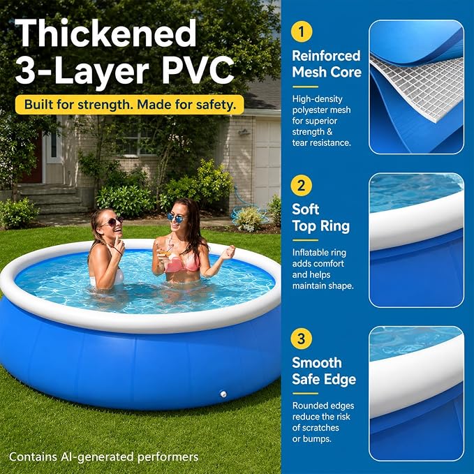 12FT Inflatable Swimming Pool for Family, Round Blow Up Pool for Adults, Garden/Lawn, Foldable Storage,Strong and Durable, No Assembly(144 Inch)