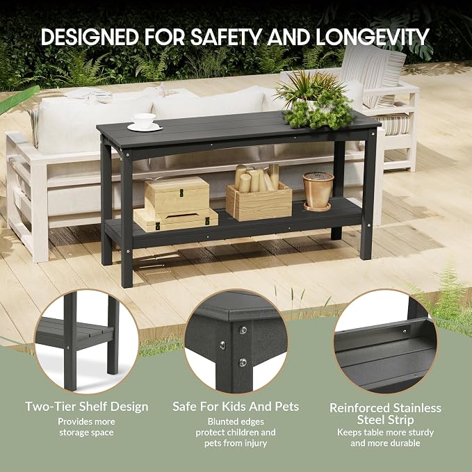 WestinTrends Malibu 55" Outdoor Patio HDPE Adirondack 2-Tier Shelf Console Table, Gray