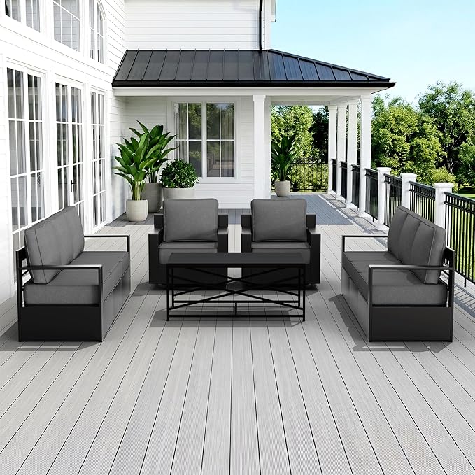 Outdoor Patio Furniture Set, 5-Piece Aluminum Patio Conversation Set All-Weather Metal Outdoor Sectional with 6 Inch Thick Cushions, Deep Setting for Garden, Outside and Porch, Grey