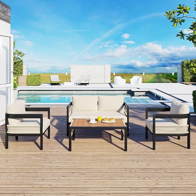 4 Piece Outdoor Iron Sofa Set with A Table, PE Rattan Patio Furniture Sets with Double and 2 Single Seats, Multi-Person Conversation Set for Garden, Lawn Use (Beige/92)