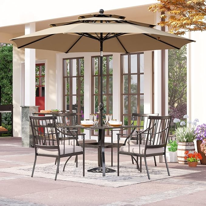 PHI VILLA 5-Piece Patio Dining Set, 37" Square Steel Table, Fixed Chairs | Cushions Chairs, Umbrella Hole, All-Weather Use