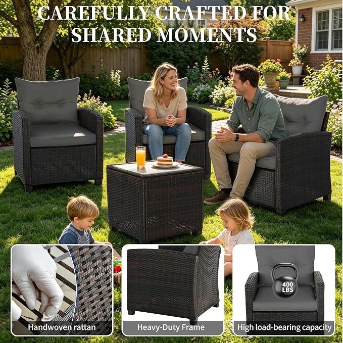 3 Pieces Patio Furniture Set,Outdoor Wicker Conversation Set,Outdoor Wicker Patio Chairs with Cushions & Glass Coffee Table,Bistro Set Outdoor for Porch (Grey)