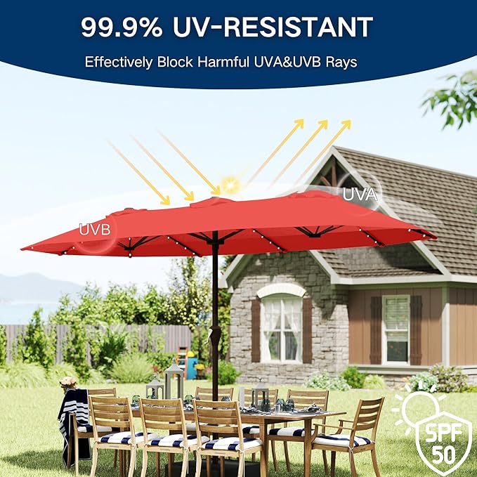 Large Patio Umbrella with Solar Lights and Base, Double-Sided Outdoor Rectangle Umbrella with 48 LED Lights, Market Table Umbrellas with UV Resistant Canopy