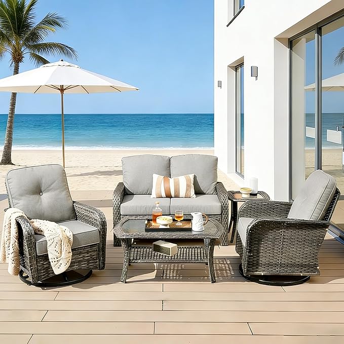 5 Pieces Patio Furniture Set, All Weather Rattan Patio Conversation Sets with Swivel Rocking Chairs, Coffee Table, High Back Outdoor Furniture Loveseat for Porch, Backyard,Dark Grey