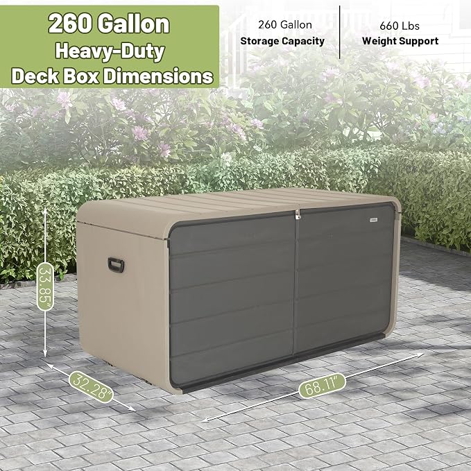 260 Gallon Large Plastic Deck Box, Waterproof Patio Outdoor Storage Box