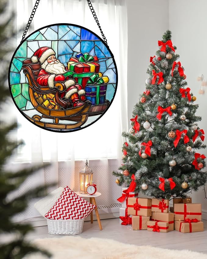 DASTOLL Stained Glass Window Hanging - Santa Claus Gift BoxSuncatcher for Doors Home Christmas Decoration Winter Sun Catcher Thanksgiving New Year Birthday Gift for Women Men Mom Nana 7.8 in